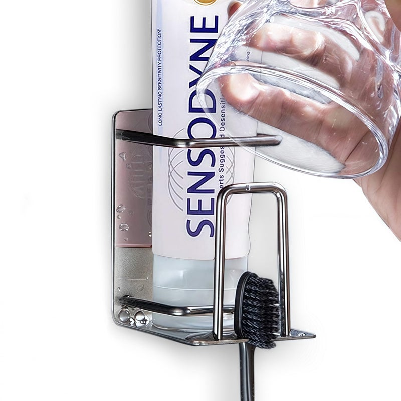 HANZE Toothbrush Holder 304 Stainless Steel Adhesive Wall Mounted 3 in 1 Toothbrush Holder Toothpaste Holder and Cup Holder for Bathroom Shower - Image 1